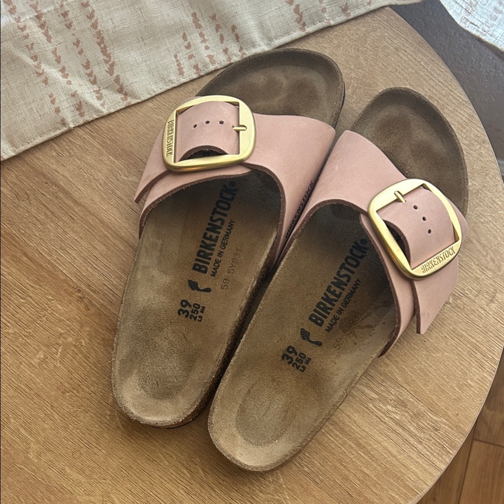 Birkenstock Pink Single-Buckle Slide Sandals with Gold Buckles